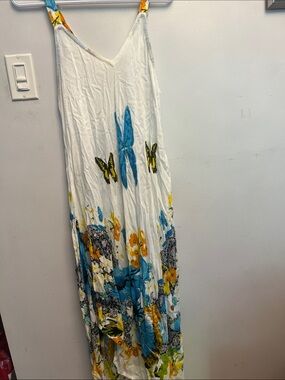 White Maxi Skirt with Blue & Yellow Floral and Butterfly Print